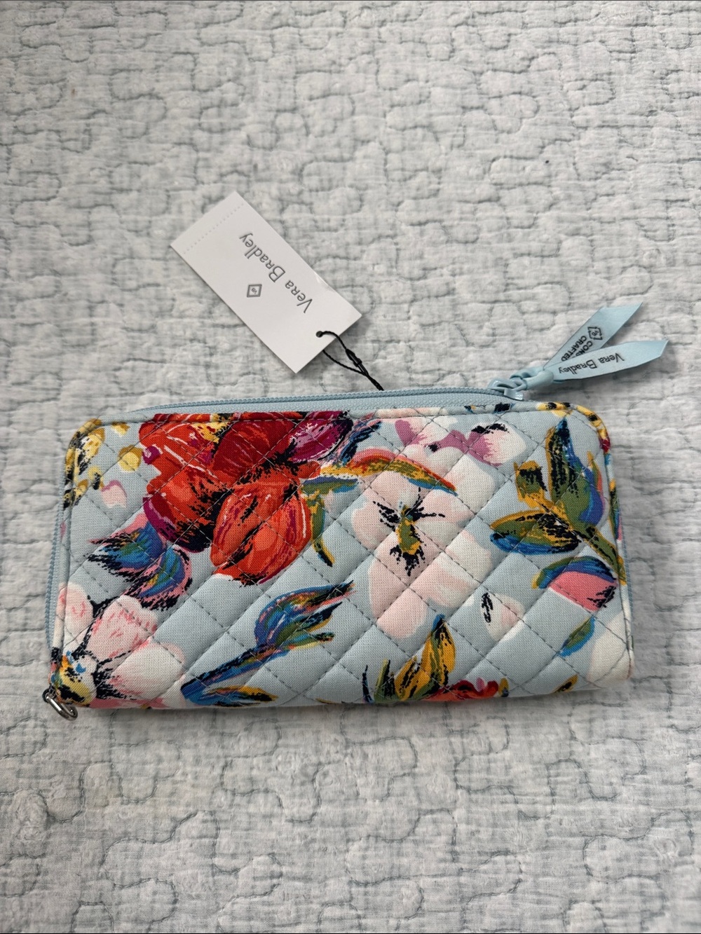 NWT Vera Bradley Light Blue Quilted Floral Zip Wallet with Multicolor Blooms